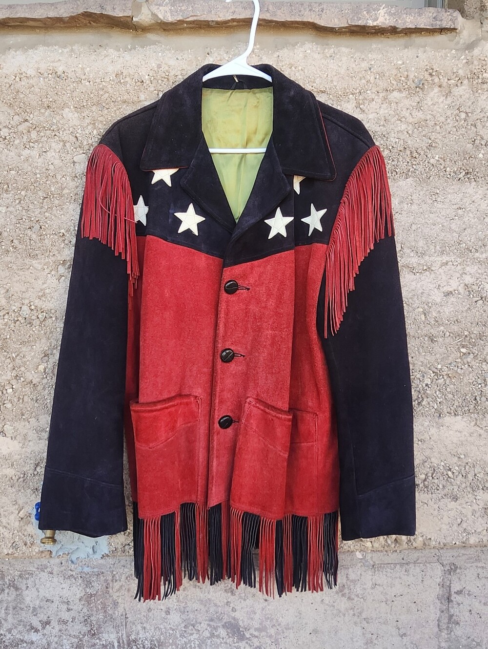 Vtg 70s Red White Blue Stars Stripes Flag Suede Leather Fringe Coat Jacket Hippy